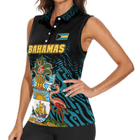 Bahamas Coat of Arms and Flag Women Sleeveless Polo Shirt with Blue Coral Pattern and Marlin Crest - Wonder Print Shop