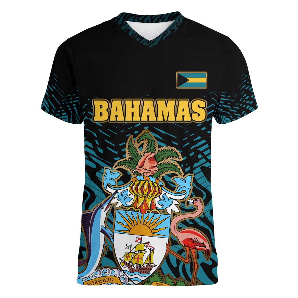 Bahamas Coat of Arms and Flag Women V-Neck T-Shirt with Blue Coral Pattern and Marlin Crest - Wonder Print Shop