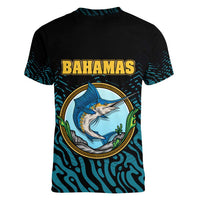 Bahamas Coat of Arms and Flag Women V-Neck T-Shirt with Blue Coral Pattern and Marlin Crest - Wonder Print Shop