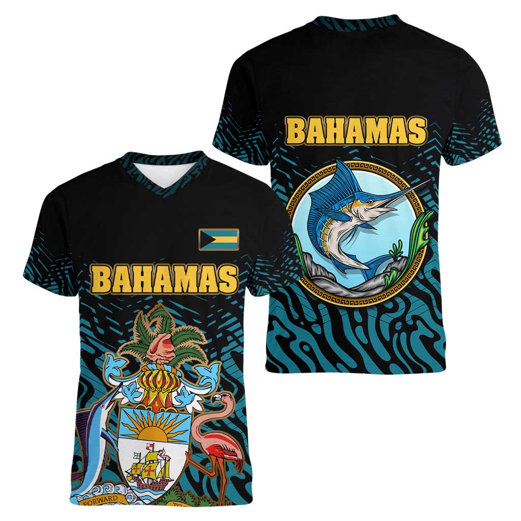 Bahamas Coat of Arms and Flag Women V-Neck T-Shirt with Blue Coral Pattern and Marlin Crest - Wonder Print Shop