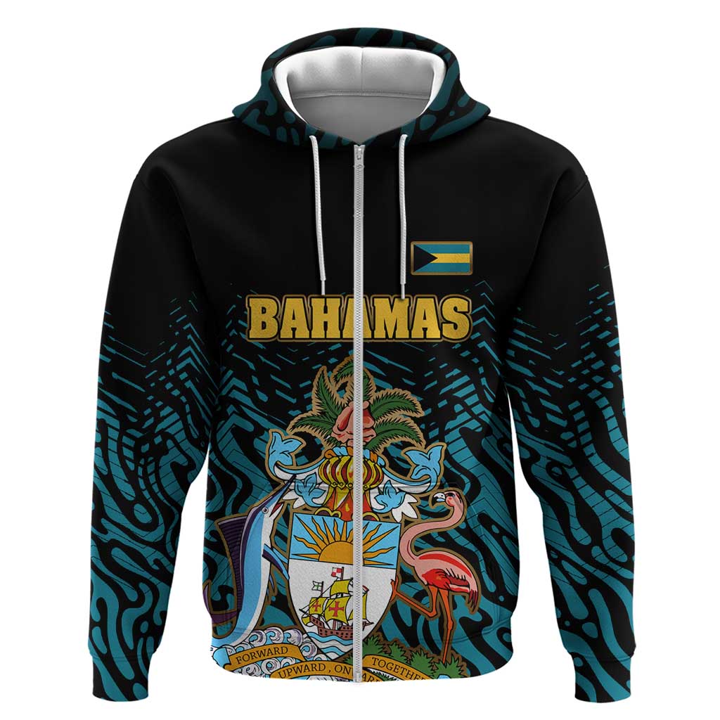 Bahamas Coat of Arms and Flag Zip Hoodie with Blue Coral Pattern and Marlin Crest - Wonder Print Shop