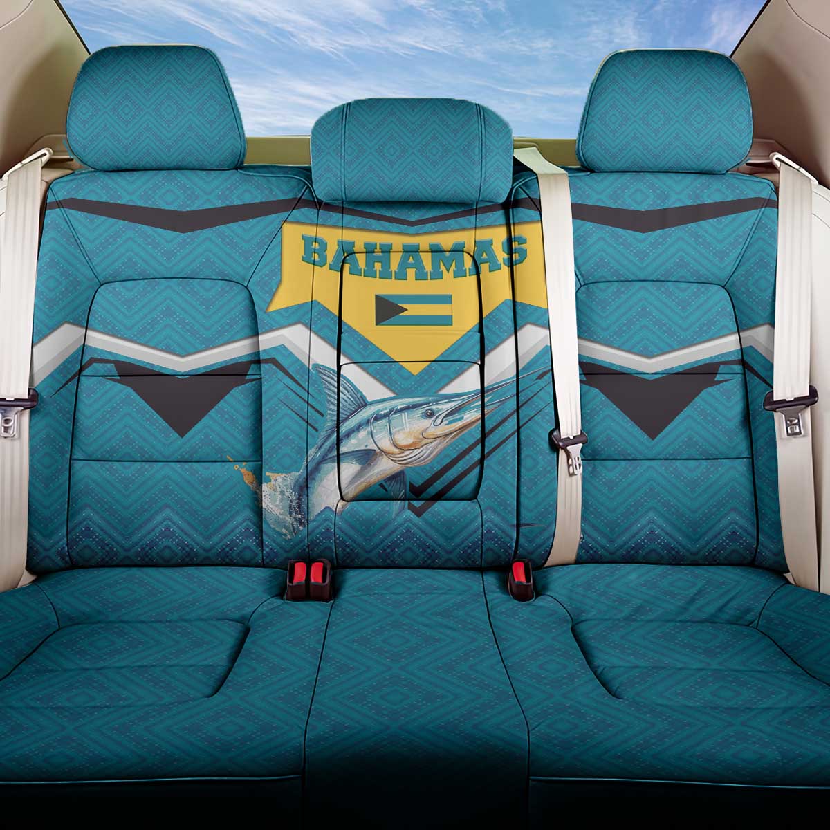 Bahamas Back Car Seat Cover with Blue Marlin Fish Tribal Chevron Flag Spirit