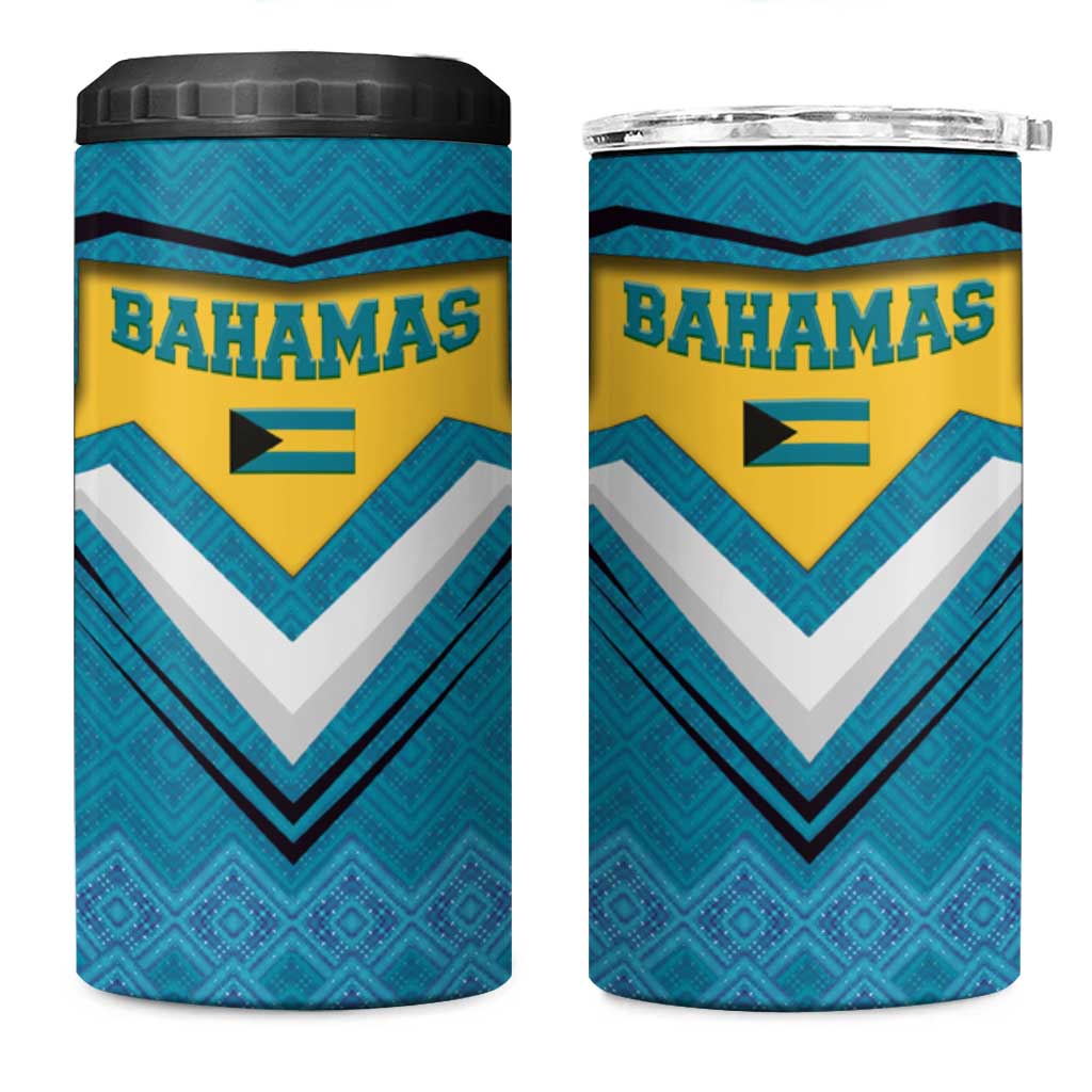 Bahamas 4 in 1 Can Cooler Tumbler with Blue Marlin Fish Tribal Chevron Flag Spirit