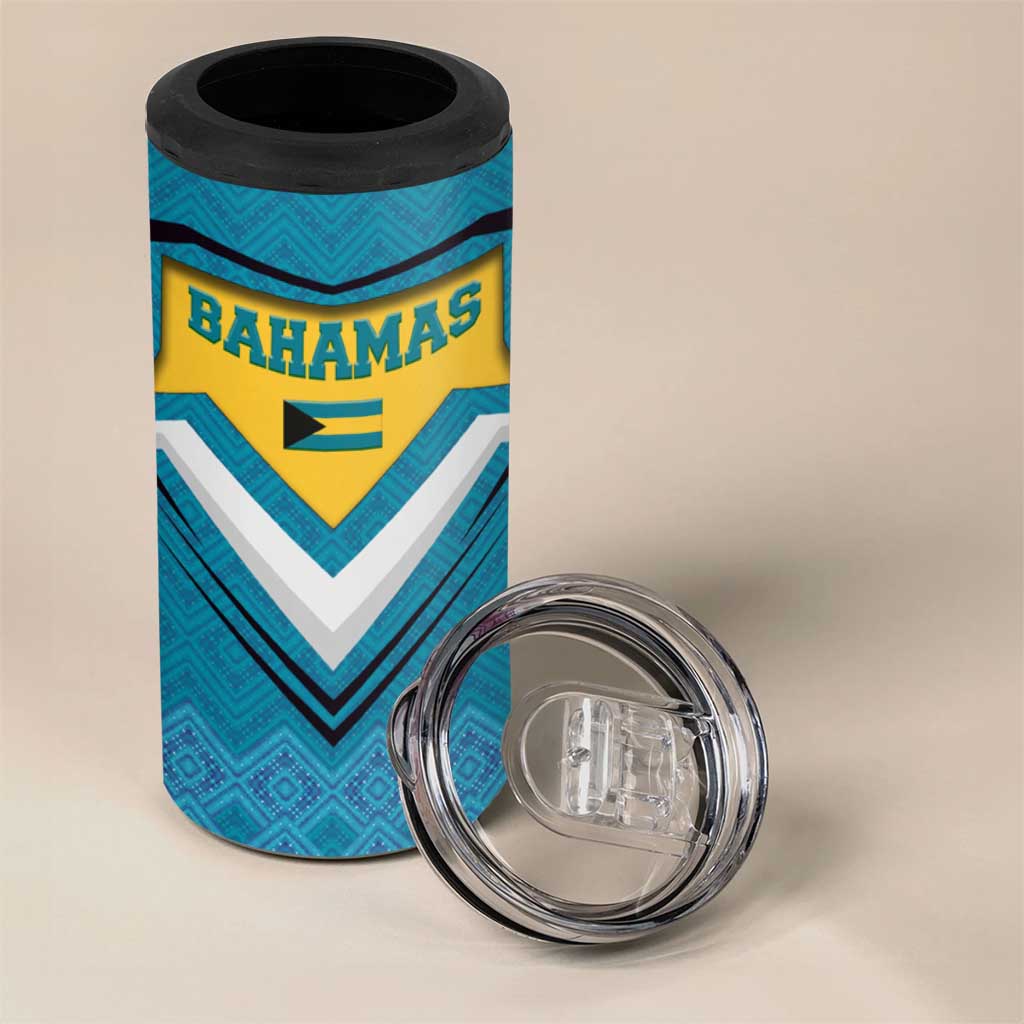 Bahamas 4 in 1 Can Cooler Tumbler with Blue Marlin Fish Tribal Chevron Flag Spirit