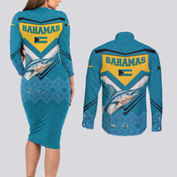Bahamas Couples Matching Long Sleeve Bodycon Dress and Long Sleeve Button Shirt with Blue Marlin Fish Tribal Chevron Flag Spirit