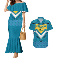 Bahamas Couples Matching Mermaid Dress and Hawaiian Shirt with Blue Marlin Fish Tribal Chevron Flag Spirit
