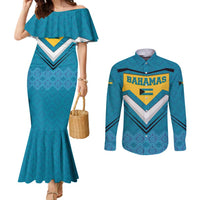 Bahamas Couples Matching Mermaid Dress and Long Sleeve Button Shirt with Blue Marlin Fish Tribal Chevron Flag Spirit