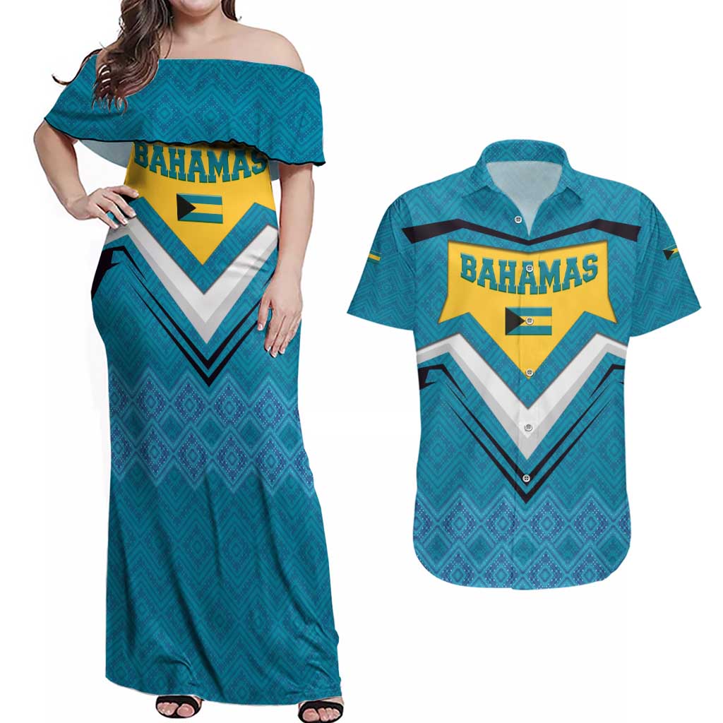 Bahamas Couples Matching Off Shoulder Maxi Dress and Hawaiian Shirt with Blue Marlin Fish Tribal Chevron Flag Spirit