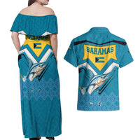 Bahamas Couples Matching Off Shoulder Maxi Dress and Hawaiian Shirt with Blue Marlin Fish Tribal Chevron Flag Spirit