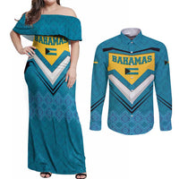 Bahamas Couples Matching Off Shoulder Maxi Dress and Long Sleeve Button Shirt with Blue Marlin Fish Tribal Chevron Flag Spirit