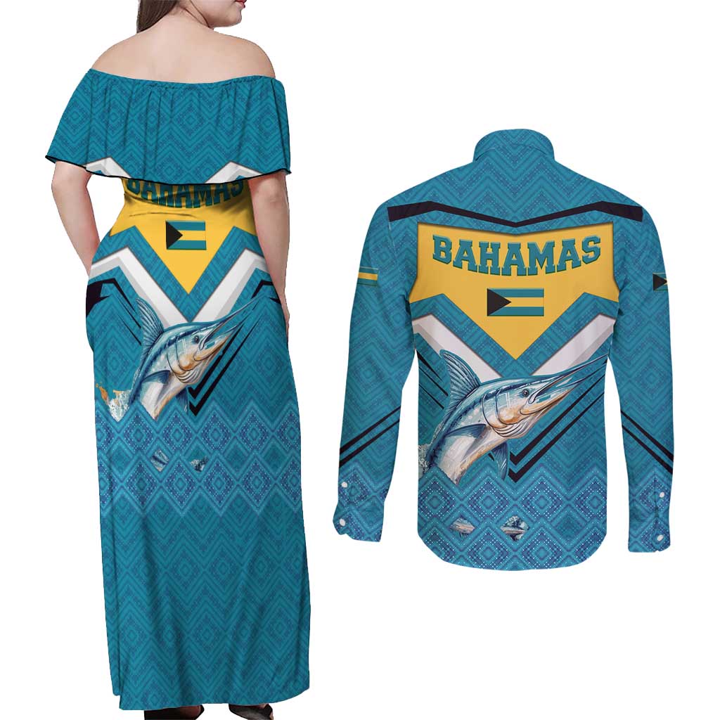 Bahamas Couples Matching Off Shoulder Maxi Dress and Long Sleeve Button Shirt with Blue Marlin Fish Tribal Chevron Flag Spirit