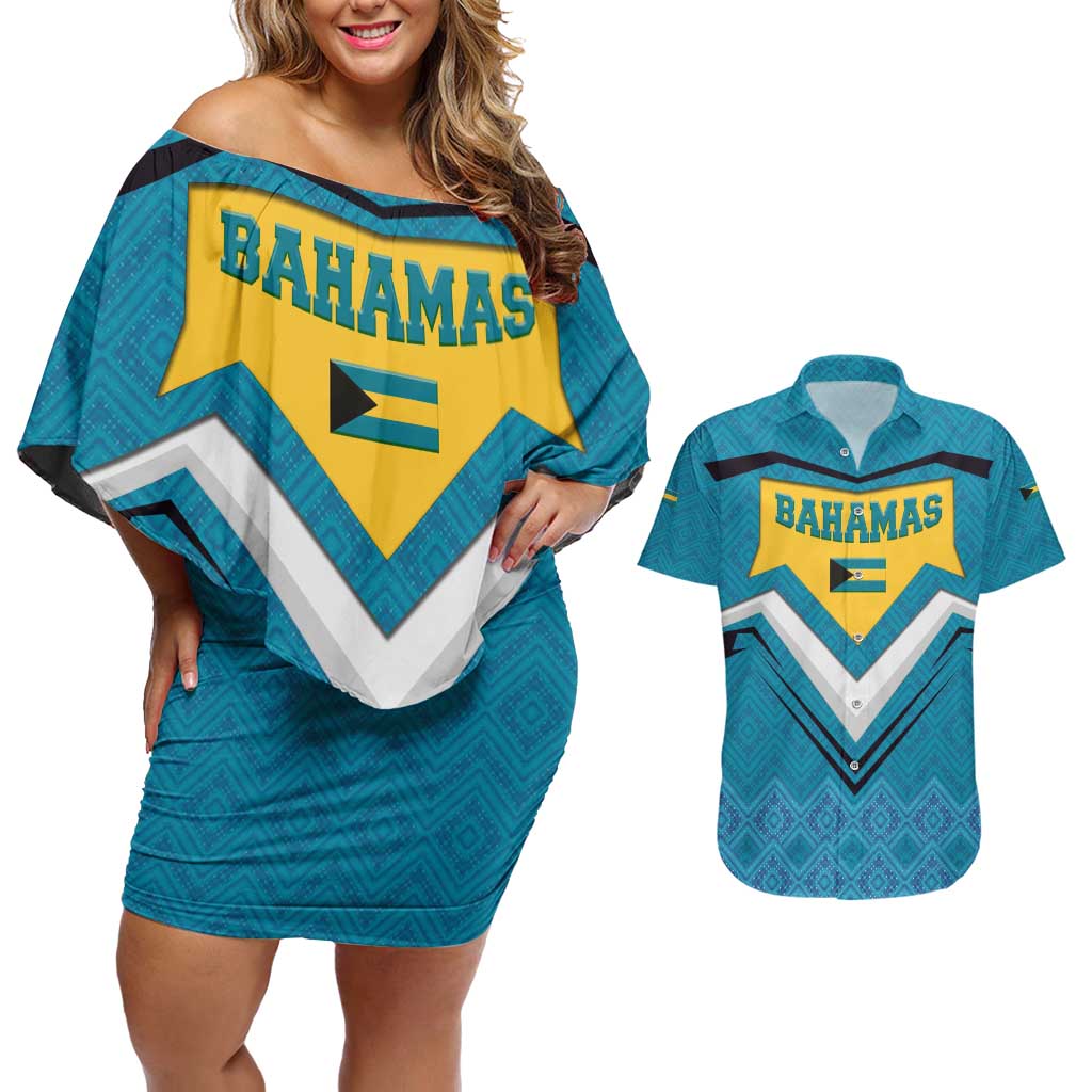 Bahamas Couples Matching Off Shoulder Short Dress and Hawaiian Shirt with Blue Marlin Fish Tribal Chevron Flag Spirit