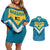 Bahamas Couples Matching Off Shoulder Short Dress and Hawaiian Shirt with Blue Marlin Fish Tribal Chevron Flag Spirit