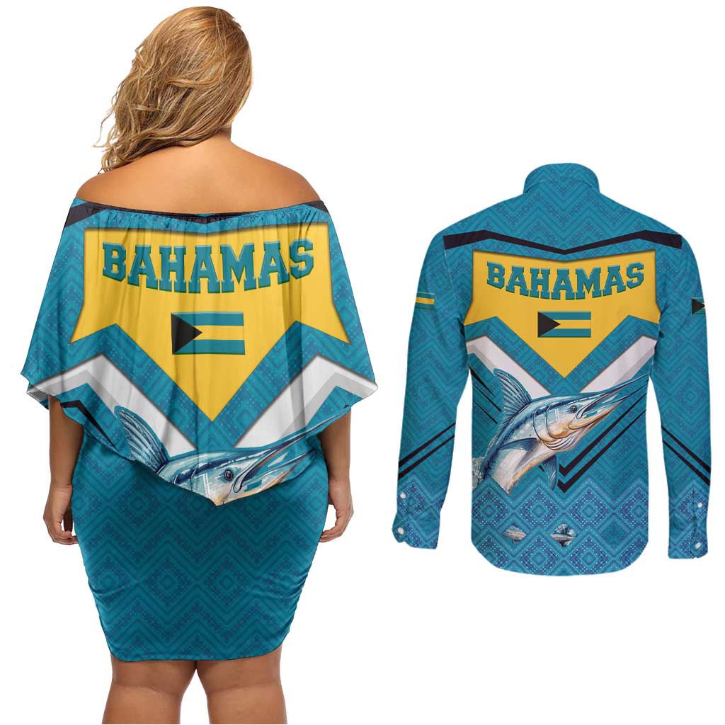 Bahamas Couples Matching Off Shoulder Short Dress and Long Sleeve Button Shirt with Blue Marlin Fish Tribal Chevron Flag Spirit
