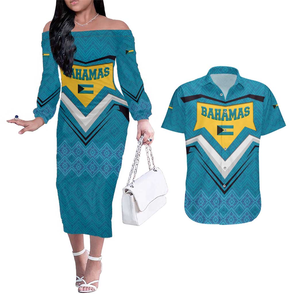 Bahamas Couples Matching Off The Shoulder Long Sleeve Dress and Hawaiian Shirt with Blue Marlin Fish Tribal Chevron Flag Spirit