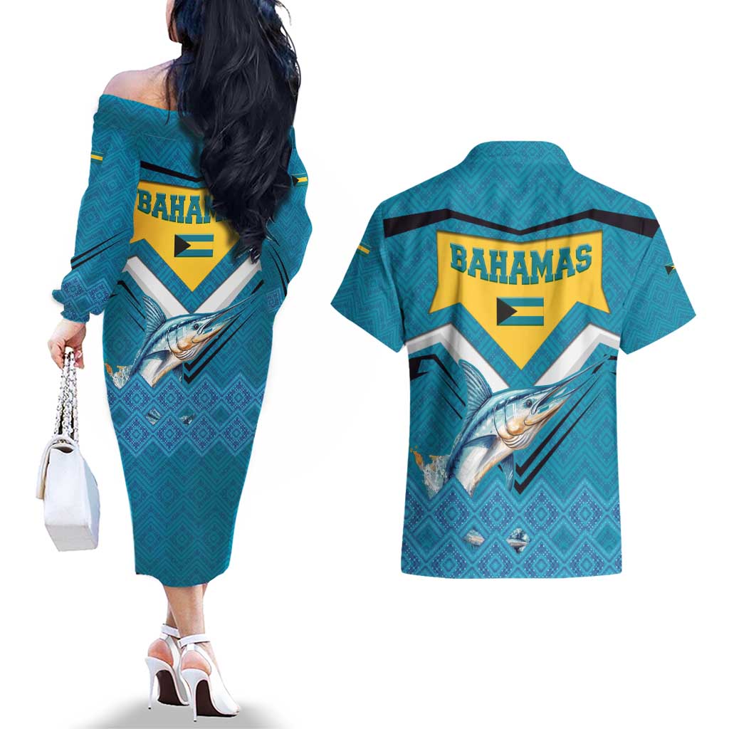 Bahamas Couples Matching Off The Shoulder Long Sleeve Dress and Hawaiian Shirt with Blue Marlin Fish Tribal Chevron Flag Spirit