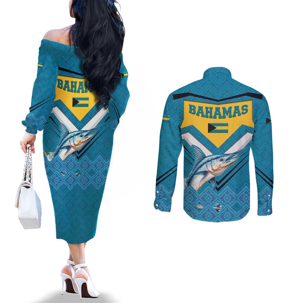 Bahamas Couples Matching Off The Shoulder Long Sleeve Dress and Long Sleeve Button Shirt with Blue Marlin Fish Tribal Chevron Flag Spirit