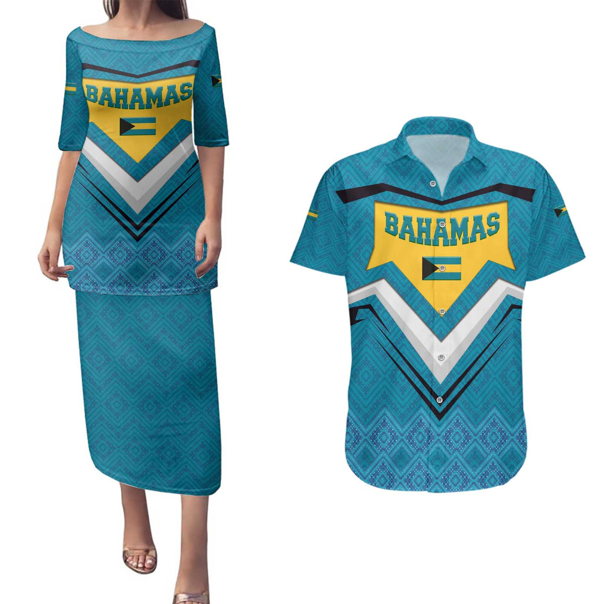 Bahamas Couples Matching Puletasi and Hawaiian Shirt with Blue Marlin Fish Tribal Chevron Flag Spirit