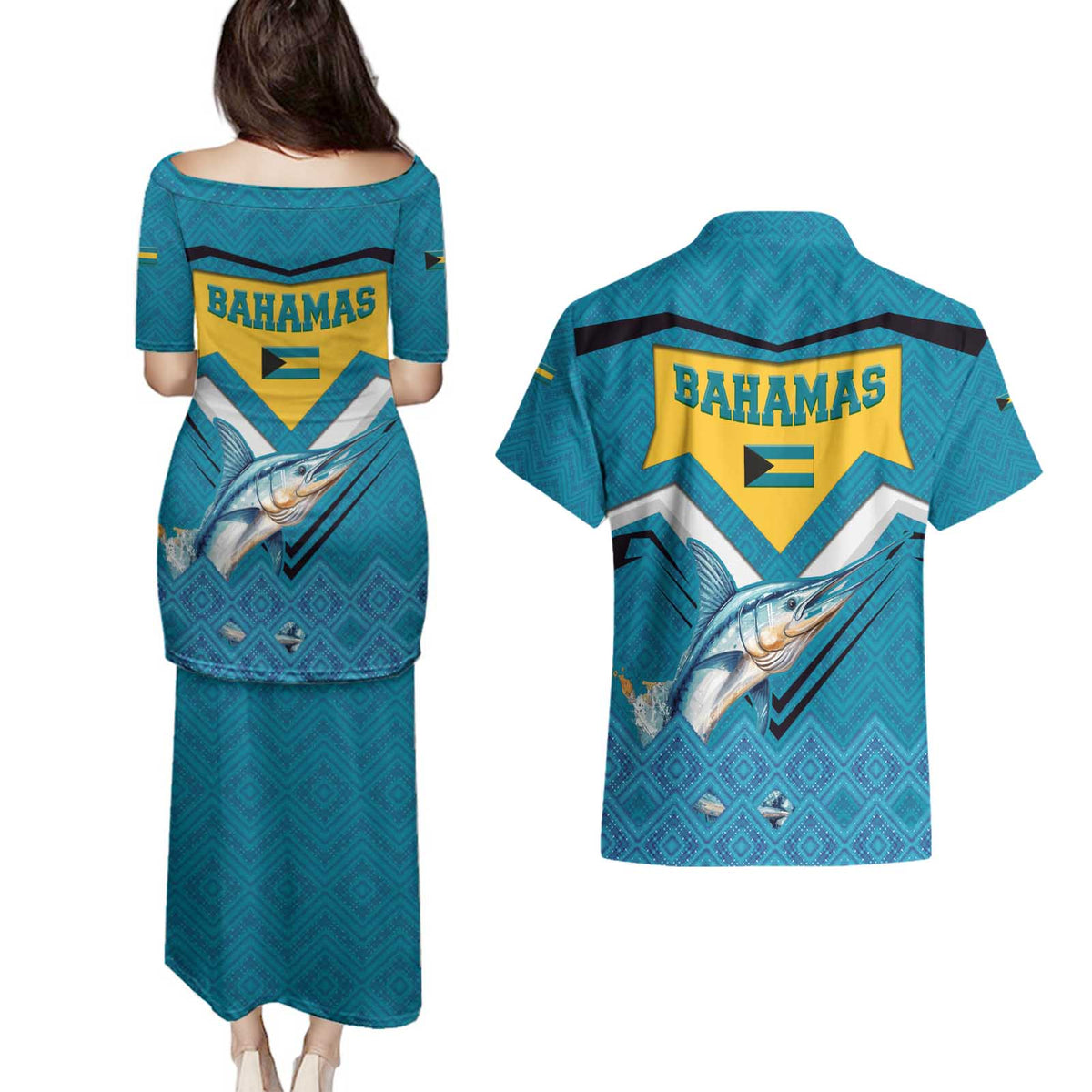 Bahamas Couples Matching Puletasi and Hawaiian Shirt with Blue Marlin Fish Tribal Chevron Flag Spirit