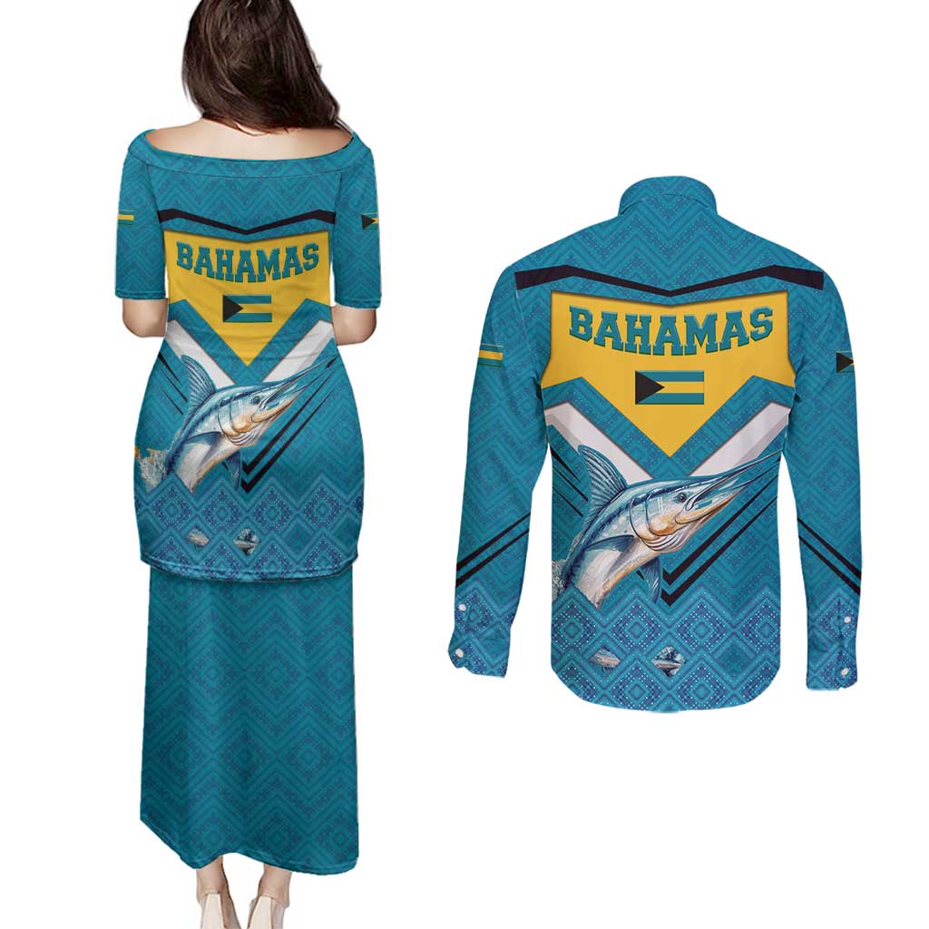 Bahamas Couples Matching Puletasi and Long Sleeve Button Shirt with Blue Marlin Fish Tribal Chevron Flag Spirit