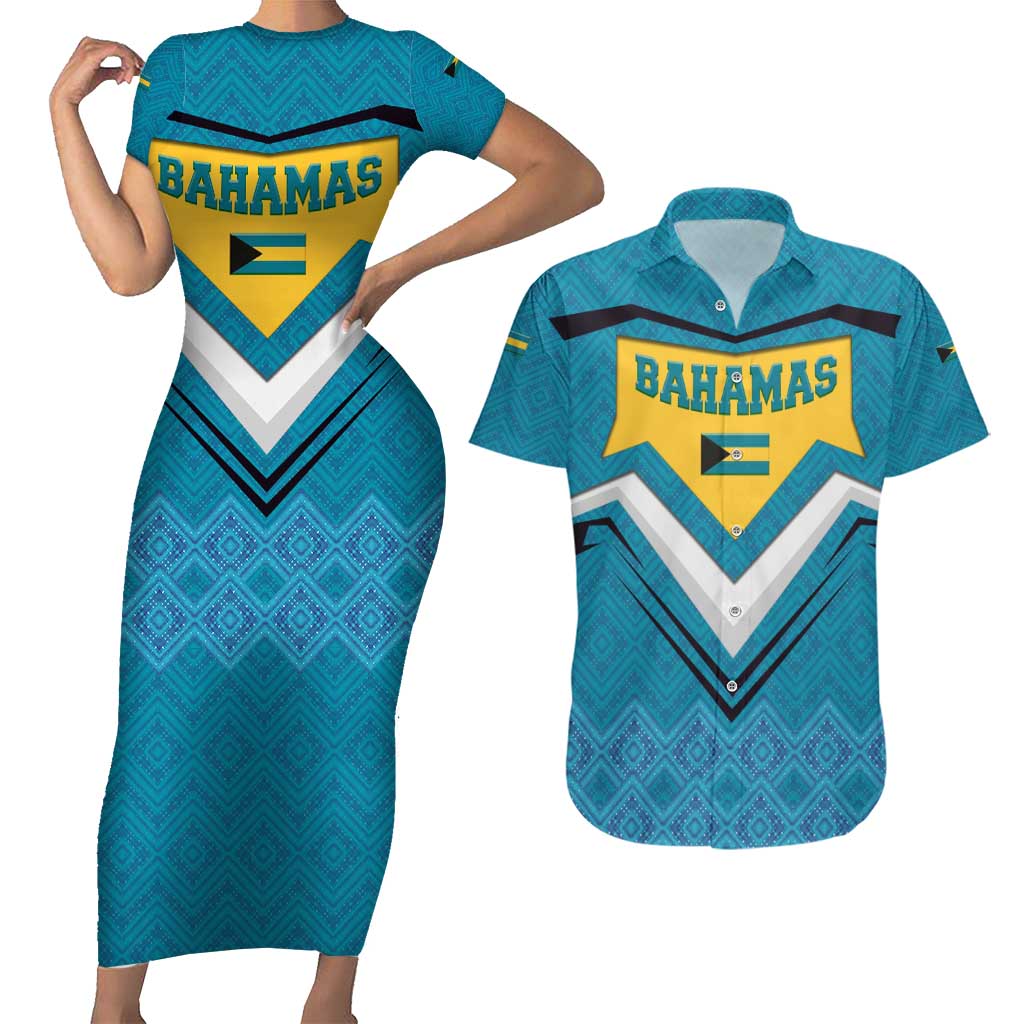 Bahamas Couples Matching Short Sleeve Bodycon Dress and Hawaiian Shirt with Blue Marlin Fish Tribal Chevron Flag Spirit