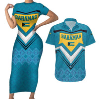 Bahamas Couples Matching Short Sleeve Bodycon Dress and Hawaiian Shirt with Blue Marlin Fish Tribal Chevron Flag Spirit