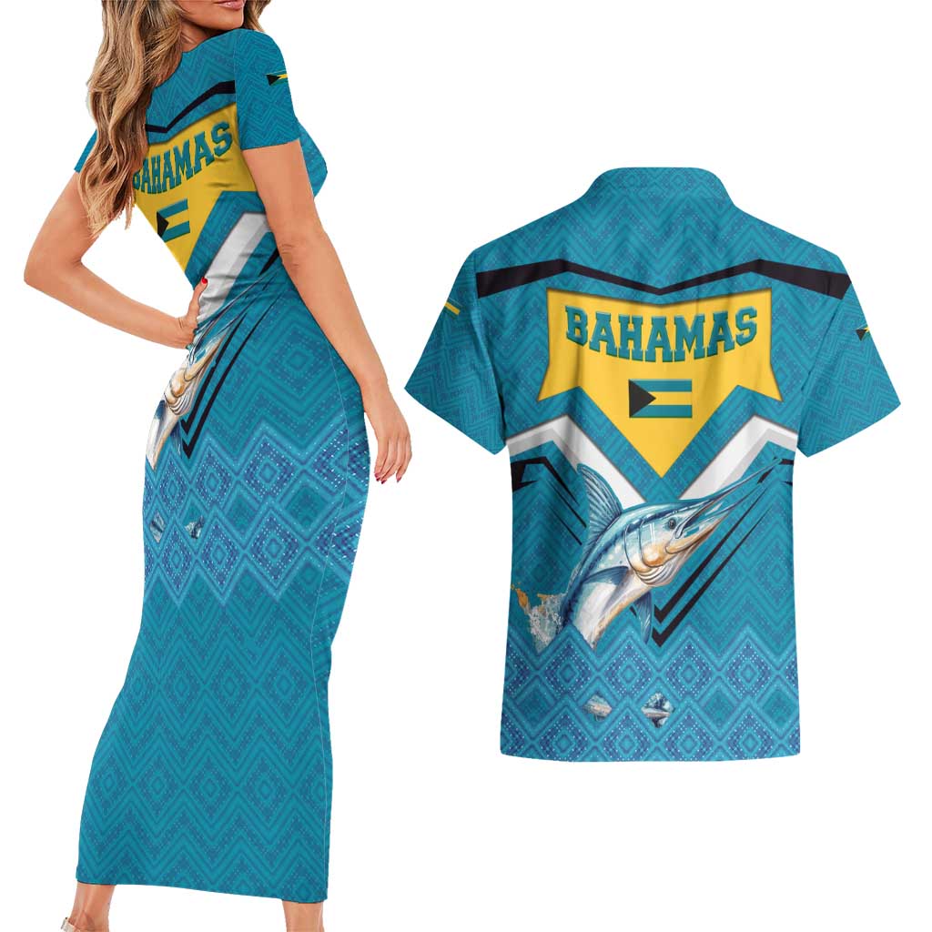 Bahamas Couples Matching Short Sleeve Bodycon Dress and Hawaiian Shirt with Blue Marlin Fish Tribal Chevron Flag Spirit