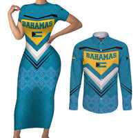 Bahamas Couples Matching Short Sleeve Bodycon Dress and Long Sleeve Button Shirt with Blue Marlin Fish Tribal Chevron Flag Spirit
