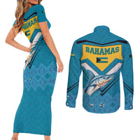 Bahamas Couples Matching Short Sleeve Bodycon Dress and Long Sleeve Button Shirt with Blue Marlin Fish Tribal Chevron Flag Spirit