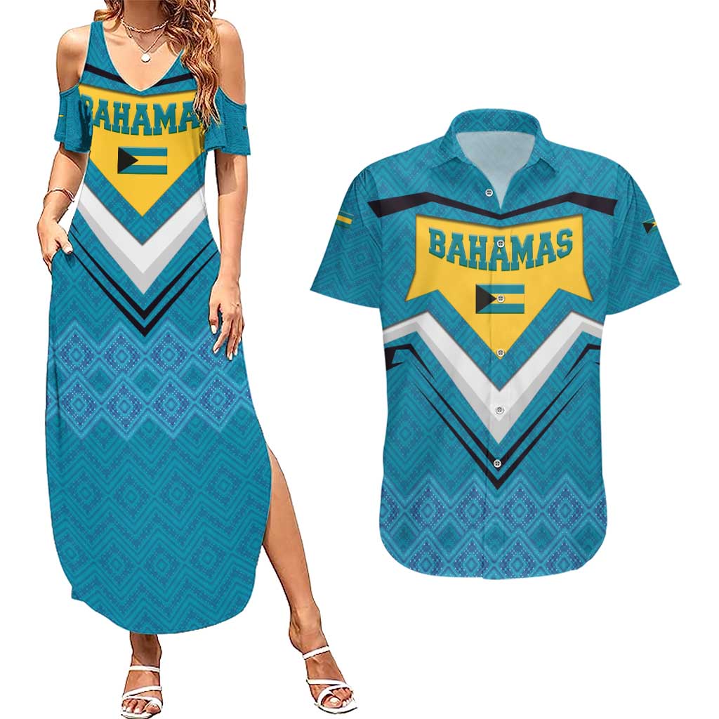 Bahamas Couples Matching Summer Maxi Dress and Hawaiian Shirt with Blue Marlin Fish Tribal Chevron Flag Spirit