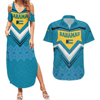 Bahamas Couples Matching Summer Maxi Dress and Hawaiian Shirt with Blue Marlin Fish Tribal Chevron Flag Spirit
