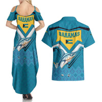 Bahamas Couples Matching Summer Maxi Dress and Hawaiian Shirt with Blue Marlin Fish Tribal Chevron Flag Spirit