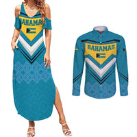 Bahamas Couples Matching Summer Maxi Dress and Long Sleeve Button Shirt with Blue Marlin Fish Tribal Chevron Flag Spirit