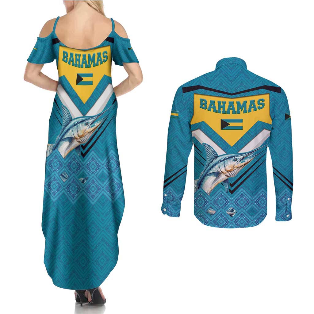 Bahamas Couples Matching Summer Maxi Dress and Long Sleeve Button Shirt with Blue Marlin Fish Tribal Chevron Flag Spirit