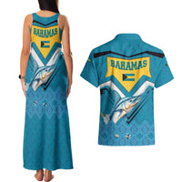 Bahamas Couples Matching Tank Maxi Dress and Hawaiian Shirt with Blue Marlin Fish Tribal Chevron Flag Spirit