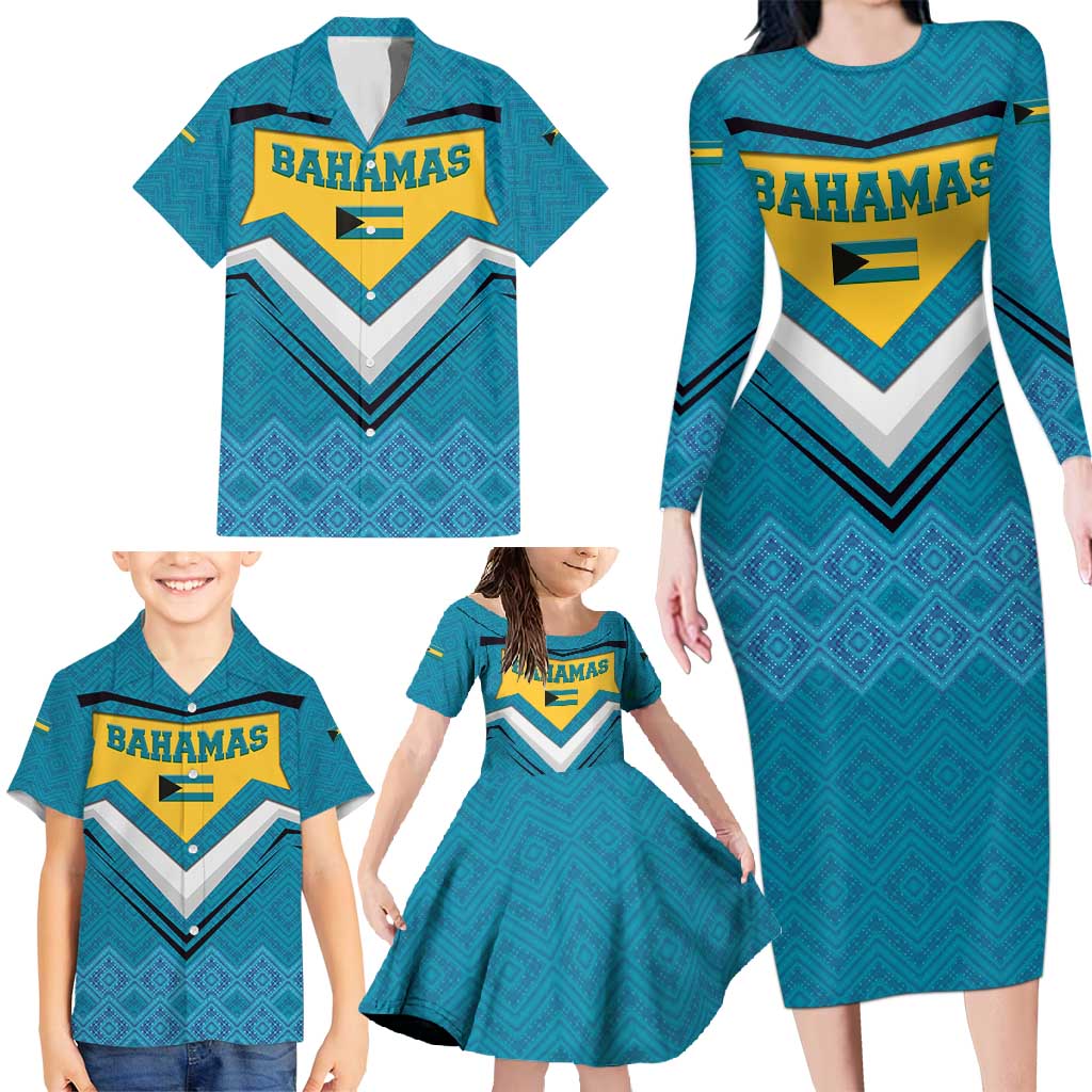 Bahamas Family Matching Long Sleeve Bodycon Dress and Hawaiian Shirt with Blue Marlin Fish Tribal Chevron Flag Spirit
