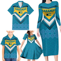 Bahamas Family Matching Long Sleeve Bodycon Dress and Hawaiian Shirt with Blue Marlin Fish Tribal Chevron Flag Spirit