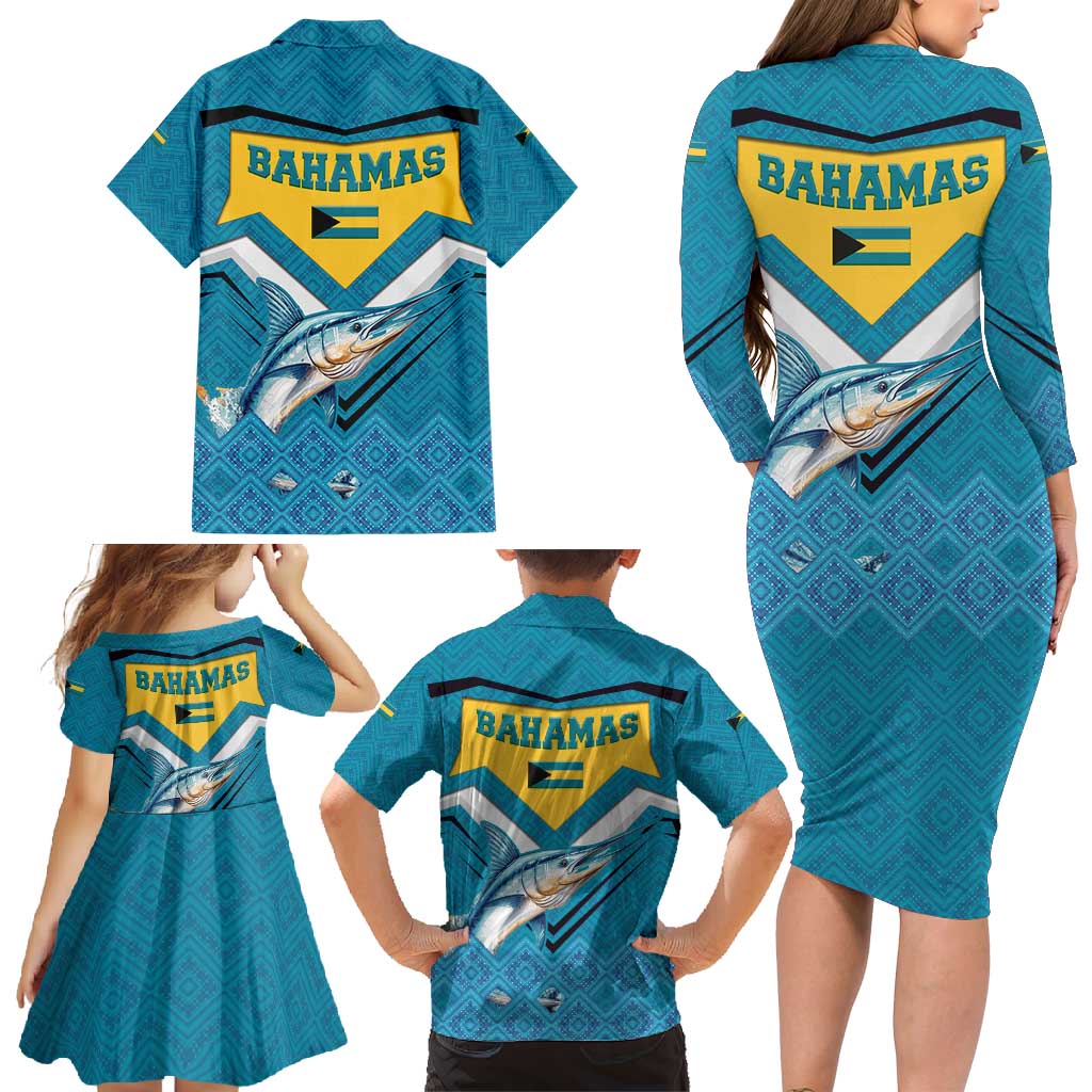Bahamas Family Matching Long Sleeve Bodycon Dress and Hawaiian Shirt with Blue Marlin Fish Tribal Chevron Flag Spirit
