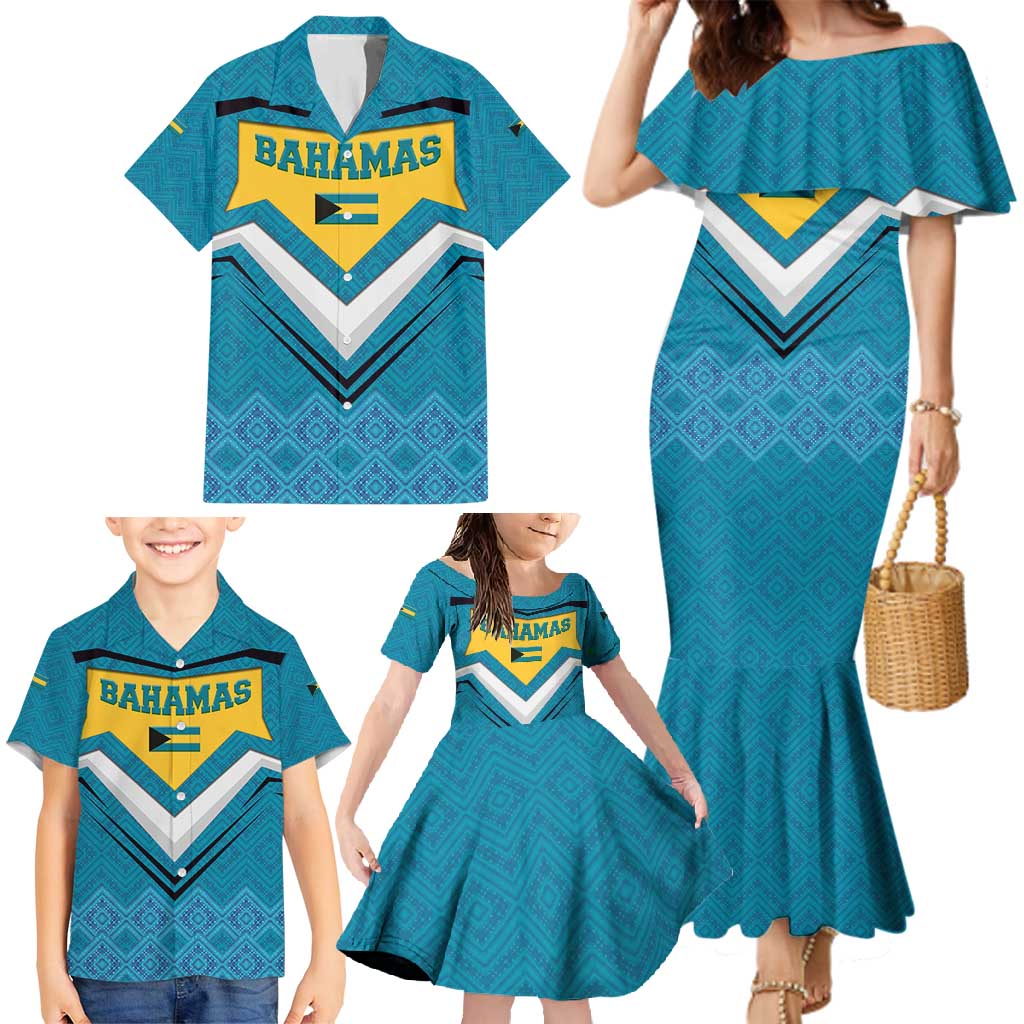 Bahamas Family Matching Mermaid Dress and Hawaiian Shirt with Blue Marlin Fish Tribal Chevron Flag Spirit
