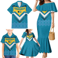 Bahamas Family Matching Mermaid Dress and Hawaiian Shirt with Blue Marlin Fish Tribal Chevron Flag Spirit