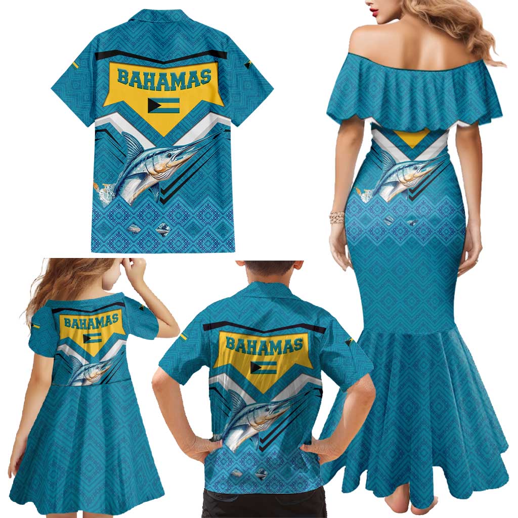 Bahamas Family Matching Mermaid Dress and Hawaiian Shirt with Blue Marlin Fish Tribal Chevron Flag Spirit