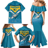 Bahamas Family Matching Mermaid Dress and Hawaiian Shirt with Blue Marlin Fish Tribal Chevron Flag Spirit