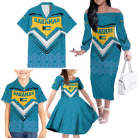 Bahamas Family Matching Off The Shoulder Long Sleeve Dress and Hawaiian Shirt with Blue Marlin Fish Tribal Chevron Flag Spirit