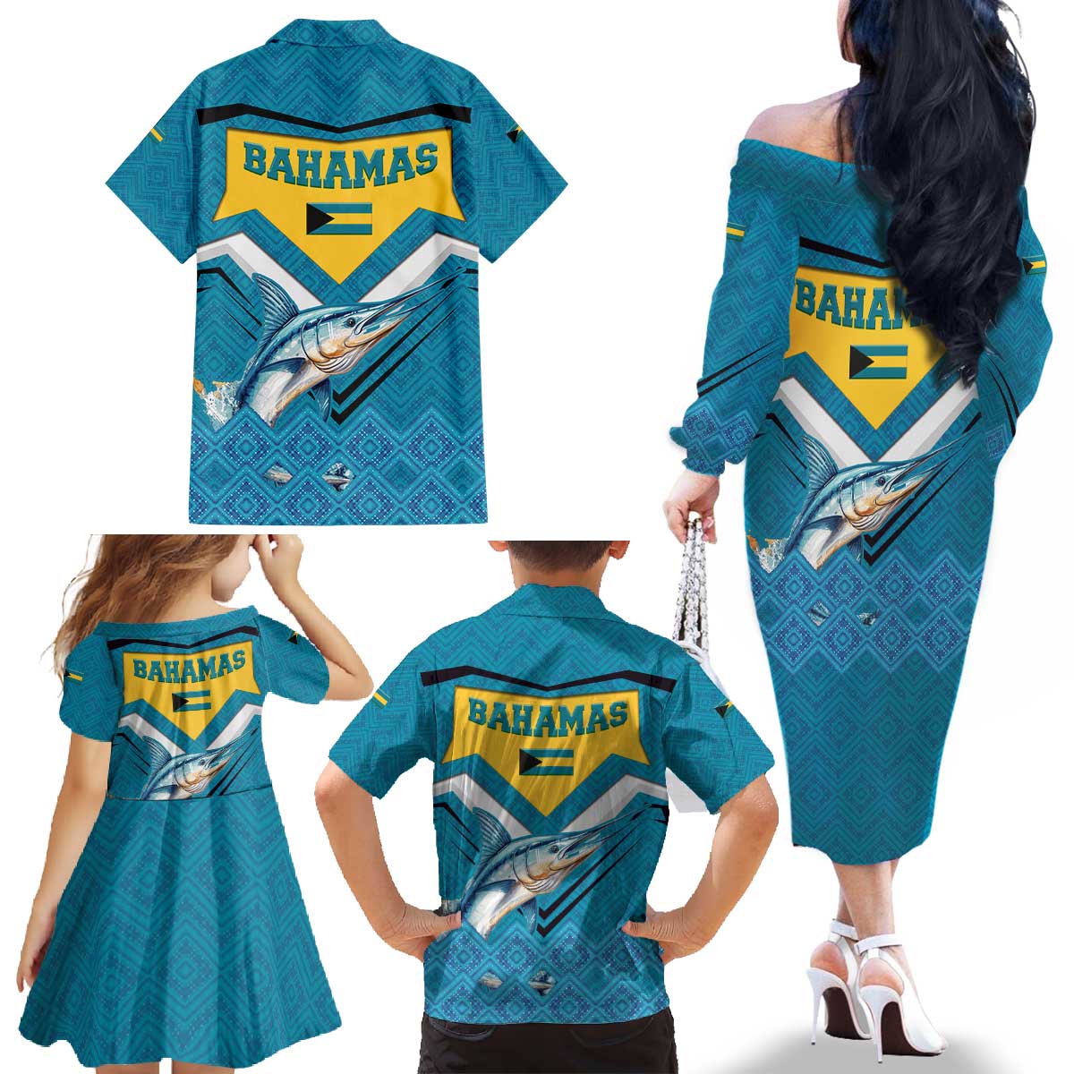 Bahamas Family Matching Off The Shoulder Long Sleeve Dress and Hawaiian Shirt with Blue Marlin Fish Tribal Chevron Flag Spirit