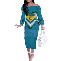 Bahamas Family Matching Off The Shoulder Long Sleeve Dress and Hawaiian Shirt with Blue Marlin Fish Tribal Chevron Flag Spirit