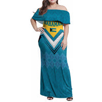 Bahamas Family Matching Off Shoulder Maxi Dress and Hawaiian Shirt with Blue Marlin Fish Tribal Chevron Flag Spirit