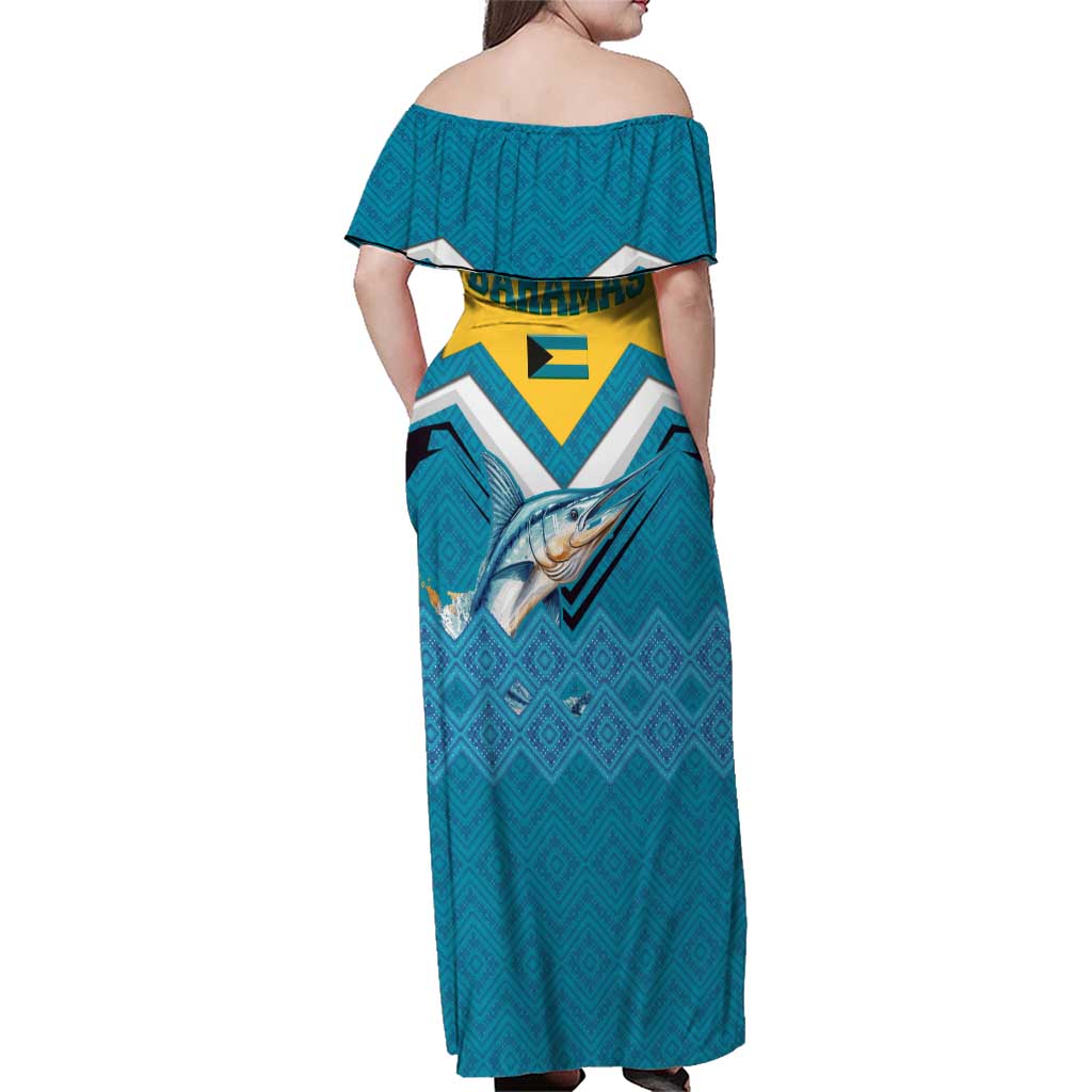 Bahamas Family Matching Off Shoulder Maxi Dress and Hawaiian Shirt with Blue Marlin Fish Tribal Chevron Flag Spirit