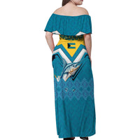 Bahamas Family Matching Off Shoulder Maxi Dress and Hawaiian Shirt with Blue Marlin Fish Tribal Chevron Flag Spirit