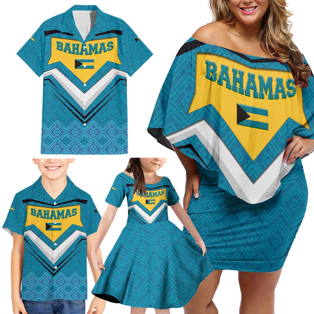 Bahamas Family Matching Off Shoulder Short Dress and Hawaiian Shirt with Blue Marlin Fish Tribal Chevron Flag Spirit