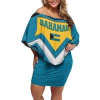 Bahamas Family Matching Off Shoulder Short Dress and Hawaiian Shirt with Blue Marlin Fish Tribal Chevron Flag Spirit